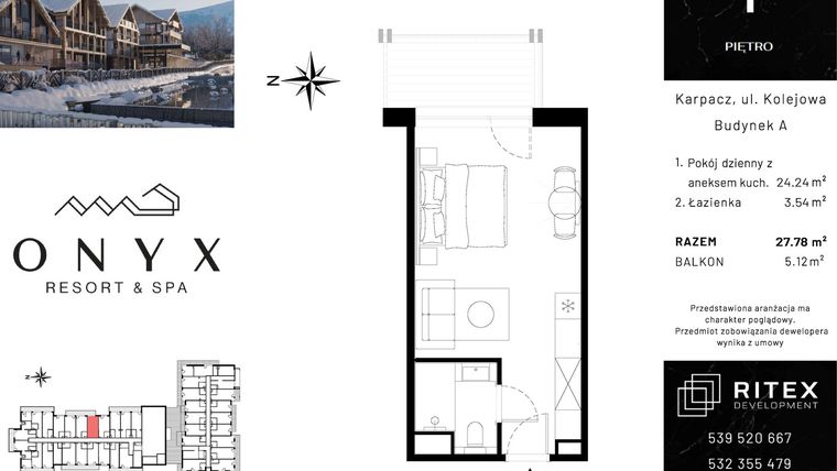Rzut - Mieszkanie na sprzedaż 1 pokój o powierzchni 27,78 m² - numer 01.A16 w Onyx Resort & Spa