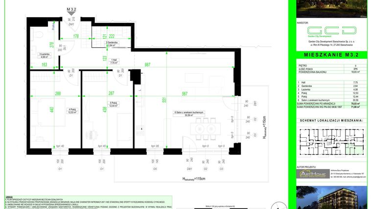 Rzut - Mieszkanie na sprzedaż 3 pokoje o powierzchni 70,03 m² - numer 3.2. w City Park Apartments