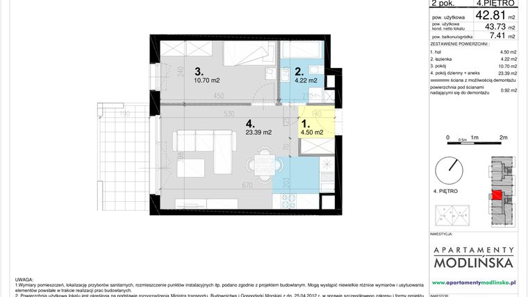 Rzut - Mieszkanie na sprzedaż 2 pokoje o powierzchni 43,73 m² - numer B1-24 w Apartamenty Modlińska