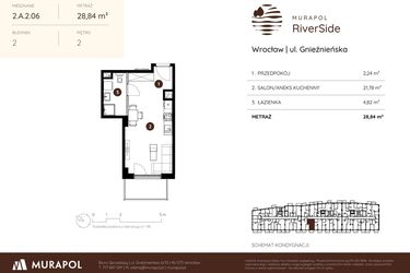 Rzut - Mieszkanie na sprzedaż 1 pokój o powierzchni 28,84 m² - numer 2.A.2.06 w Murapol RiverSide