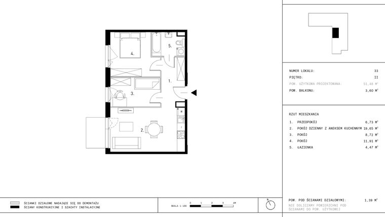 Rzut - Mieszkanie na sprzedaż 3 pokoje o powierzchni 51,48 m² - numer A10.33 w Dzikiej Jabłoni 6A
