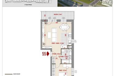 Rzut - Mieszkanie na sprzedaż 2 pokoje o powierzchni 50,85 m² - numer B1.55 w HUZAR B1