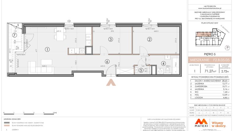 Rzut - Mieszkanie na sprzedaż 3 pokoje o powierzchni 71,46 m² - numer F2.B.05.05 w Bukowińska Mokotów etap 2