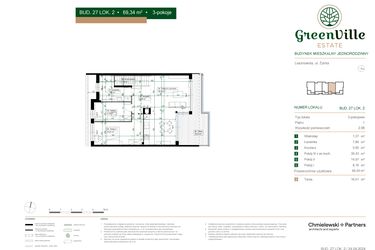 Rzut - Mieszkanie na sprzedaż 3 pokoje o powierzchni 69,34 m² - numer 27.2 w Green Ville