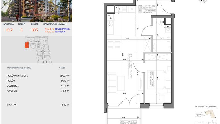 Rzut - Mieszkanie na sprzedaż 2 pokoje o powierzchni 45,42 m² - numer I-B35 w Industria etap I-B