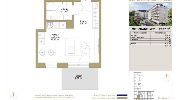 Rzut - Mieszkanie na sprzedaż 1 pokój o powierzchni 27,57 m² - numer 52 w Barbary 19