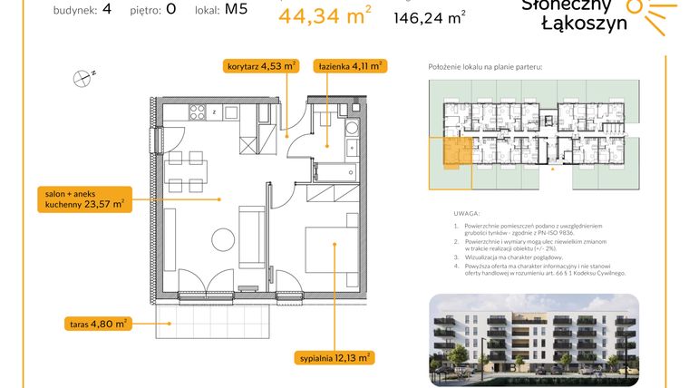Rzut - Mieszkanie na sprzedaż 2 pokoje o powierzchni 44,34 m² - numer 4/M/0/5 w Osiedle Słoneczny Łąkoszyn bud. 4