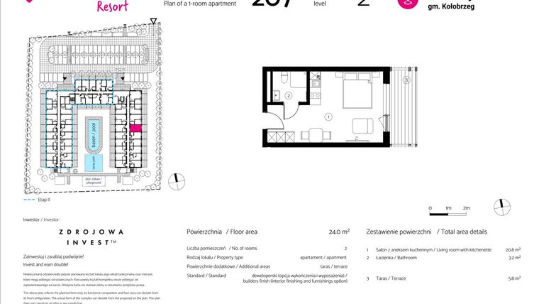 Rzut - Mieszkanie na sprzedaż 1 pokój o powierzchni 24 m² - numer 207 w VacationClub Resort