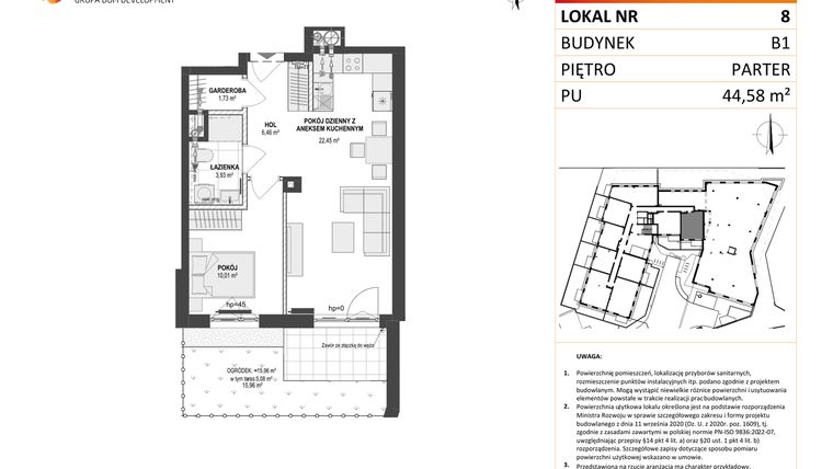 Rzut - Mieszkanie na sprzedaż 2 pokoje o powierzchni 44,58 m² - numer 8 w Leśna Góra