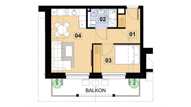 Rzut - Mieszkanie na sprzedaż 2 pokoje o powierzchni 33,84 m² - numer L29 w Green Park Resort III