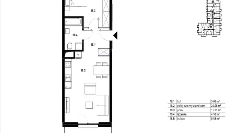 Rzut - Mieszkanie na sprzedaż 2 pokoje o powierzchni 49,03 m² - numer C3.18 w Osiedle Mozaika