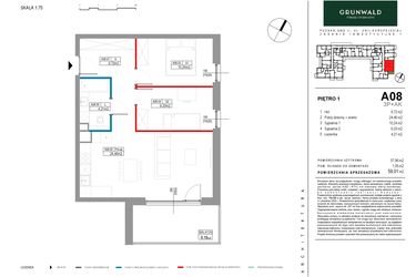 Rzut - Mieszkanie na sprzedaż 3 pokoje o powierzchni 57,96 m² - numer A008 w Grunwald Między Drzewami etap II