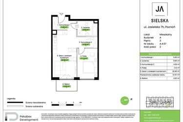 Rzut - Mieszkanie na sprzedaż 2 pokoje o powierzchni 47,57 m² - numer A.4.57 w JA_SIELSKA V