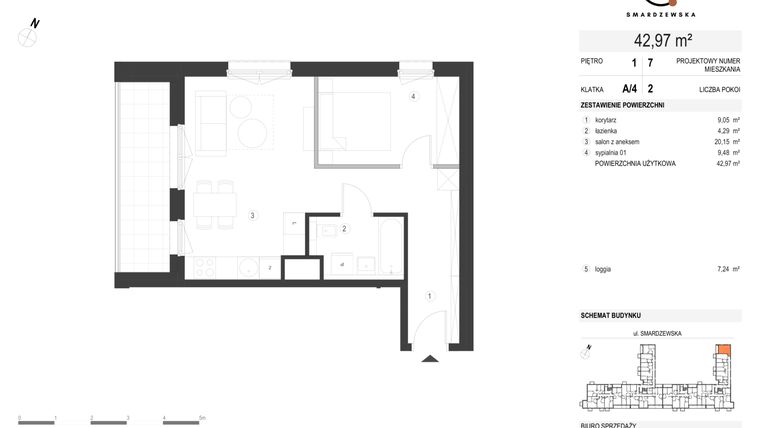 Rzut - Mieszkanie na sprzedaż 2 pokoje o powierzchni 42,97 m² - numer A/4/1.7 w Smardzewska 8