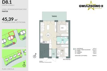Rzut - Mieszkanie na sprzedaż 3 pokoje o powierzchni 45,39 m² - numer D8.1 w Gwiazdowo II