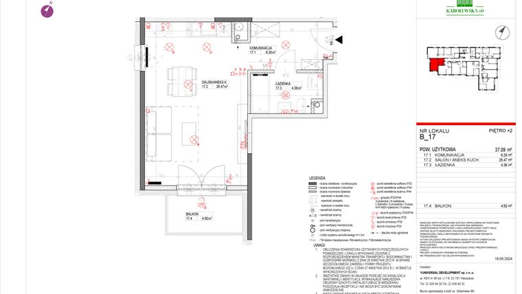 Rzut - Mieszkanie na sprzedaż 1 pokój o powierzchni 37,43 m² - numer B.17 w Karolewska 60