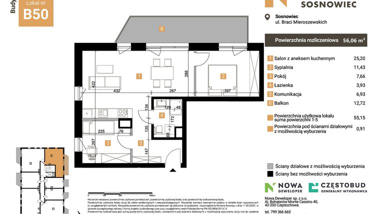 Rzut - Mieszkanie na sprzedaż 3 pokoje o powierzchni 56,06 m² - numer B50 w Nowy Sosnowiec