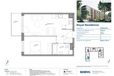 Rzut - Mieszkanie na sprzedaż 2 pokoje o powierzchni 41,52 m² - numer RR/6A/A/3/2 w Royal Residence 6A