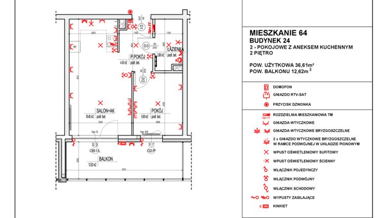 Rzut - Mieszkanie na sprzedaż 2 pokoje o powierzchni 36,61 m² - numer 24_64 w Osiedle 4 Pory Roku - Etap VIII