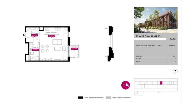 Rzut - Mieszkanie na sprzedaż 1 pokój o powierzchni 38,45 m² - numer 131 w Fuzja Mieszkania Loftowe