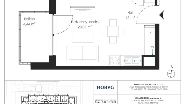 Rzut - Mieszkanie na sprzedaż 1 pokój o powierzchni 34,97 m² - numer J.2M30 w Nadmotławie Apartments etap J