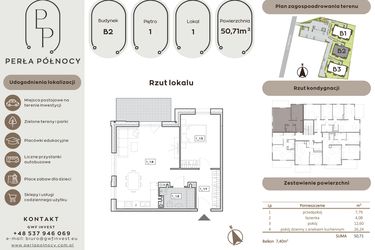 Rzut - Mieszkanie na sprzedaż 2 pokoje o powierzchni 50,71 m² - numer B2.1_1 w Perła Północy etap 2