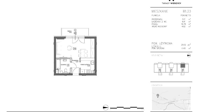 Rzut - Mieszkanie na sprzedaż 1 pokój o powierzchni 29,02 m² - numer B1.23 w Tarasy Wierzycy