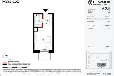 Rzut - Mieszkanie na sprzedaż 1 pokój o powierzchni 27,04 m² - numer A.7.8 w Elewator - Mieszkania i Lofty