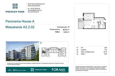 Rzut - Mieszkanie na sprzedaż 2 pokoje o powierzchni 38,5 m² - numer A2.2.02 w Premier Park II