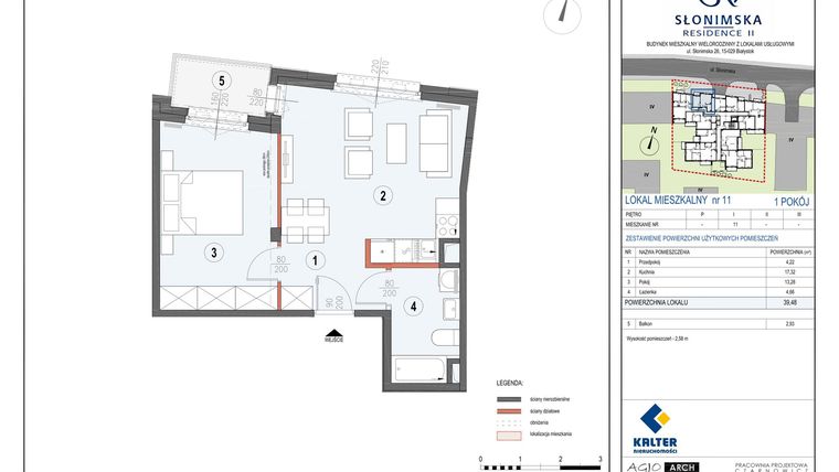 Rzut - Mieszkanie na sprzedaż 2 pokoje o powierzchni 39,48 m² - numer M11 w Słonimska Residence II