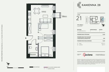Rzut - Mieszkanie na sprzedaż 1 pokój o powierzchni 53,4 m² - numer 4.21 w Kamienna 28 - apartamenty inwestycyjne