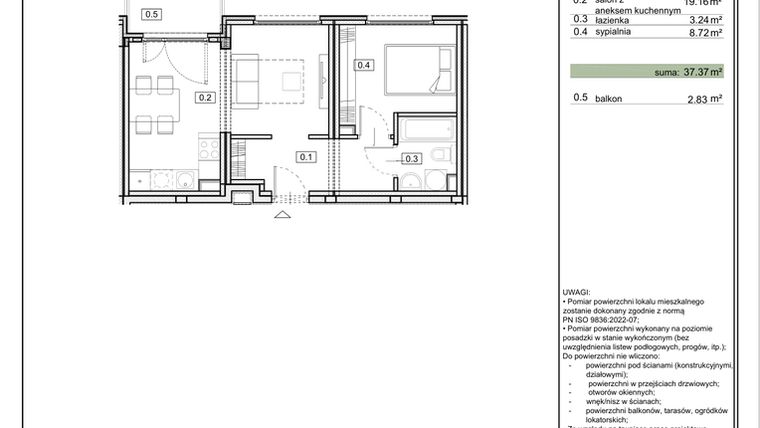 Rzut - Mieszkanie na sprzedaż 2 pokoje o powierzchni 37,43 m² - numer ZL-5.4 w Zielony Lewandów