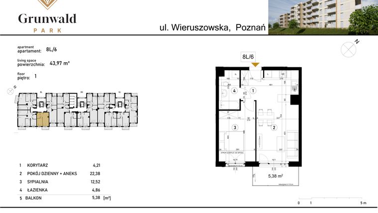 Rzut - Mieszkanie na sprzedaż 2 pokoje o powierzchni 43,97 m² - numer 8 L/6 w Grunwald Park
