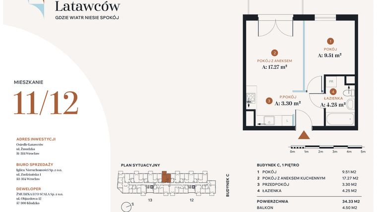 Rzut - Mieszkanie na sprzedaż 2 pokoje o powierzchni 34,33 m² - numer C11-12 w Osiedle Latawców