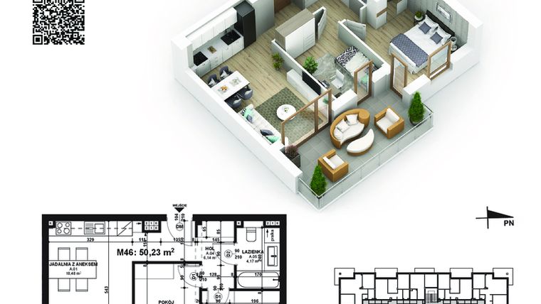 Rzut - Mieszkanie na sprzedaż 3 pokoje o powierzchni 50,23 m² - numer 46 w Piano Park etap V