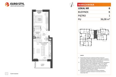 Rzut - Mieszkanie na sprzedaż 2 pokoje o powierzchni 36,08 m² - numer B.6 w Osiedle Warszawska etap III