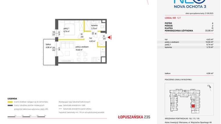 Rzut - Mieszkanie na sprzedaż 2 pokoje o powierzchni 33,9 m² - numer 127 w Neo Nova Ochota 3