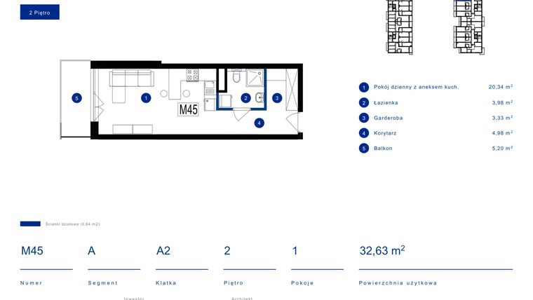 Rzut - Mieszkanie na sprzedaż 1 pokój o powierzchni 32,63 m² - numer 45A w Przy Bursztynowej