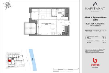 Rzut - Mieszkanie na sprzedaż 1 pokój o powierzchni 33,52 m² - numer A34 w Kapitanat A