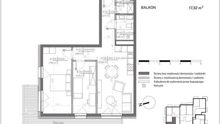 Rzut - Mieszkanie na sprzedaż 3 pokoje o powierzchni 67,14 m² - numer B.1.9 w Polanka 21
