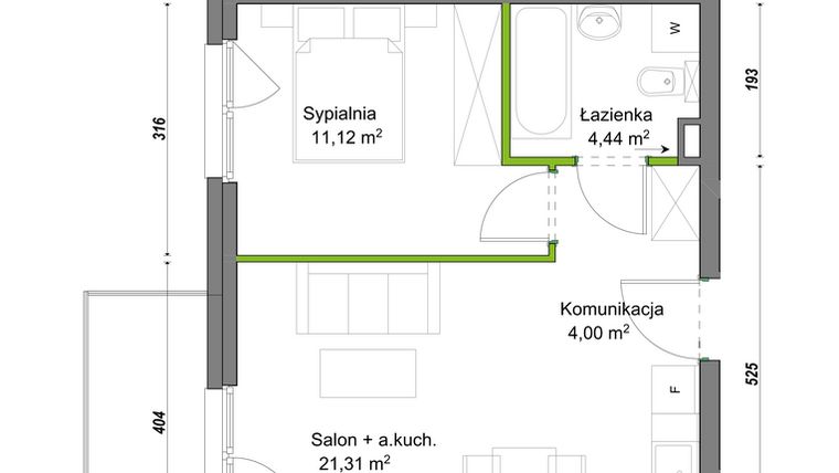 Rzut - Mieszkanie na sprzedaż 2 pokoje o powierzchni 40,87 m² - numer F2/E/07 w Orawska Vita