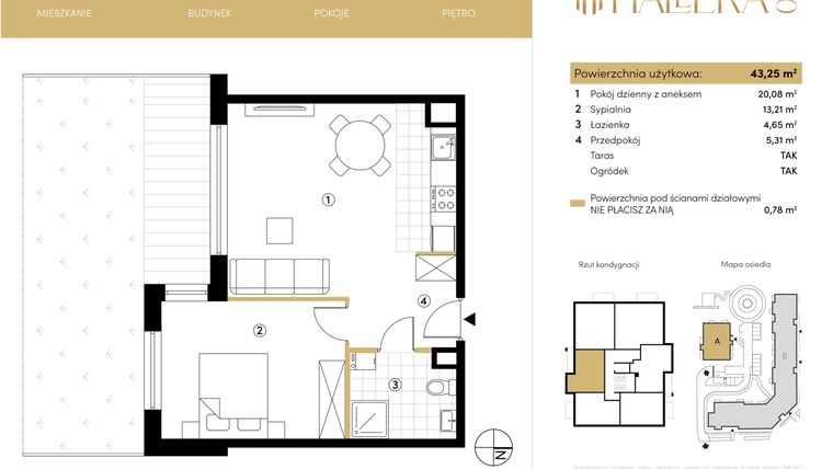 Rzut - Mieszkanie na sprzedaż 2 pokoje o powierzchni 43,25 m² - numer A.00.03 w Hallera 140
