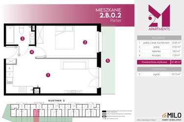 Rzut - Mieszkanie na sprzedaż 2 pokoje o powierzchni 41,89 m² - numer 2.B.0.2 w Maślice Wrocław Milo Dobry Deweloper etap III
