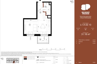Rzut - Mieszkanie na sprzedaż 1 pokój o powierzchni 31,19 m² - numer L1.A.02.13 w Bulwary Praskie etap K i L