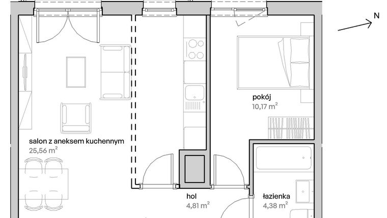 Rzut - Mieszkanie na sprzedaż 2 pokoje o powierzchni 44,92 m² - numer A.03.040 w Unii Lubelskiej Vita