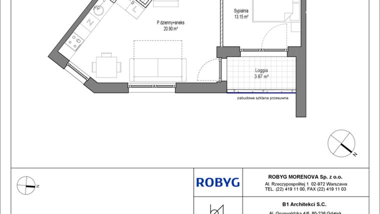 Rzut - Mieszkanie na sprzedaż 2 pokoje o powierzchni 41,7 m² - numer B.2M05 w Leszczyńskich 2