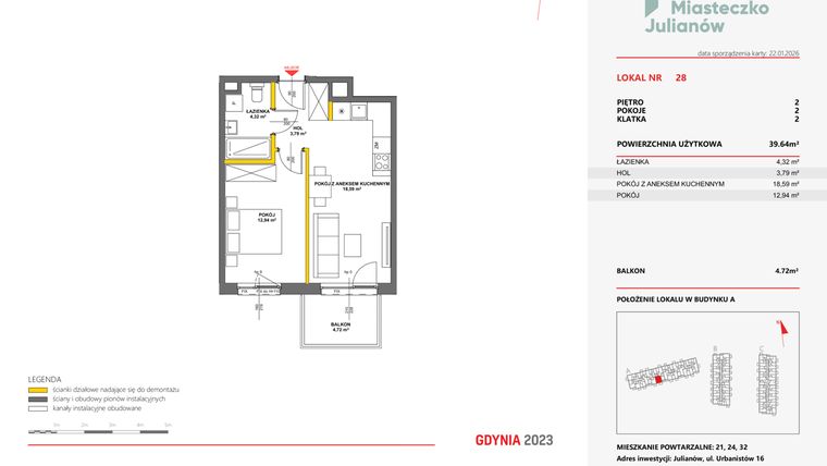 Rzut - Mieszkanie na sprzedaż 2 pokoje o powierzchni 39,53 m² - numer 28 w Miasteczko Julianów