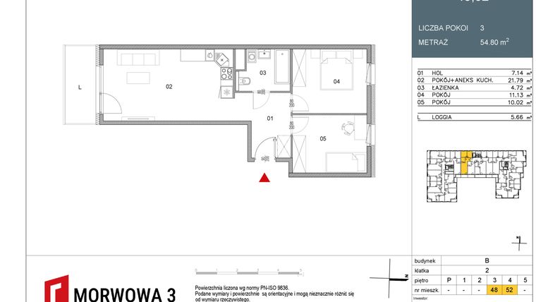Rzut - Mieszkanie na sprzedaż 3 pokoje o powierzchni 54,8 m² - numer 52 w Morwowa 3