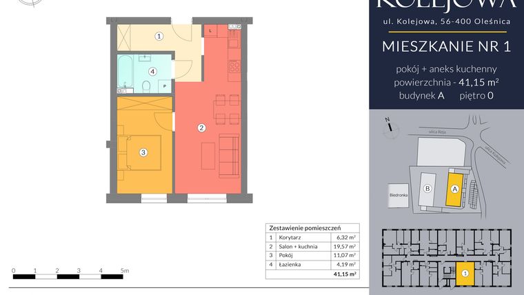 Rzut - Mieszkanie na sprzedaż 2 pokoje o powierzchni 41,15 m² - numer A.1 w Osiedle Kolejowa