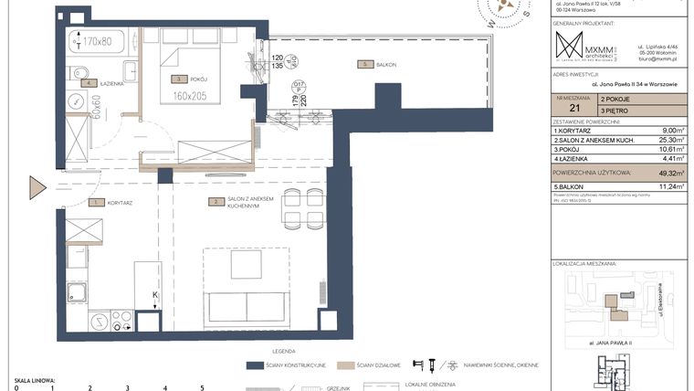 Rzut - Mieszkanie na sprzedaż 2 pokoje o powierzchni 49,32 m² - numer 21 w Apartamenty Jana Pawła 34